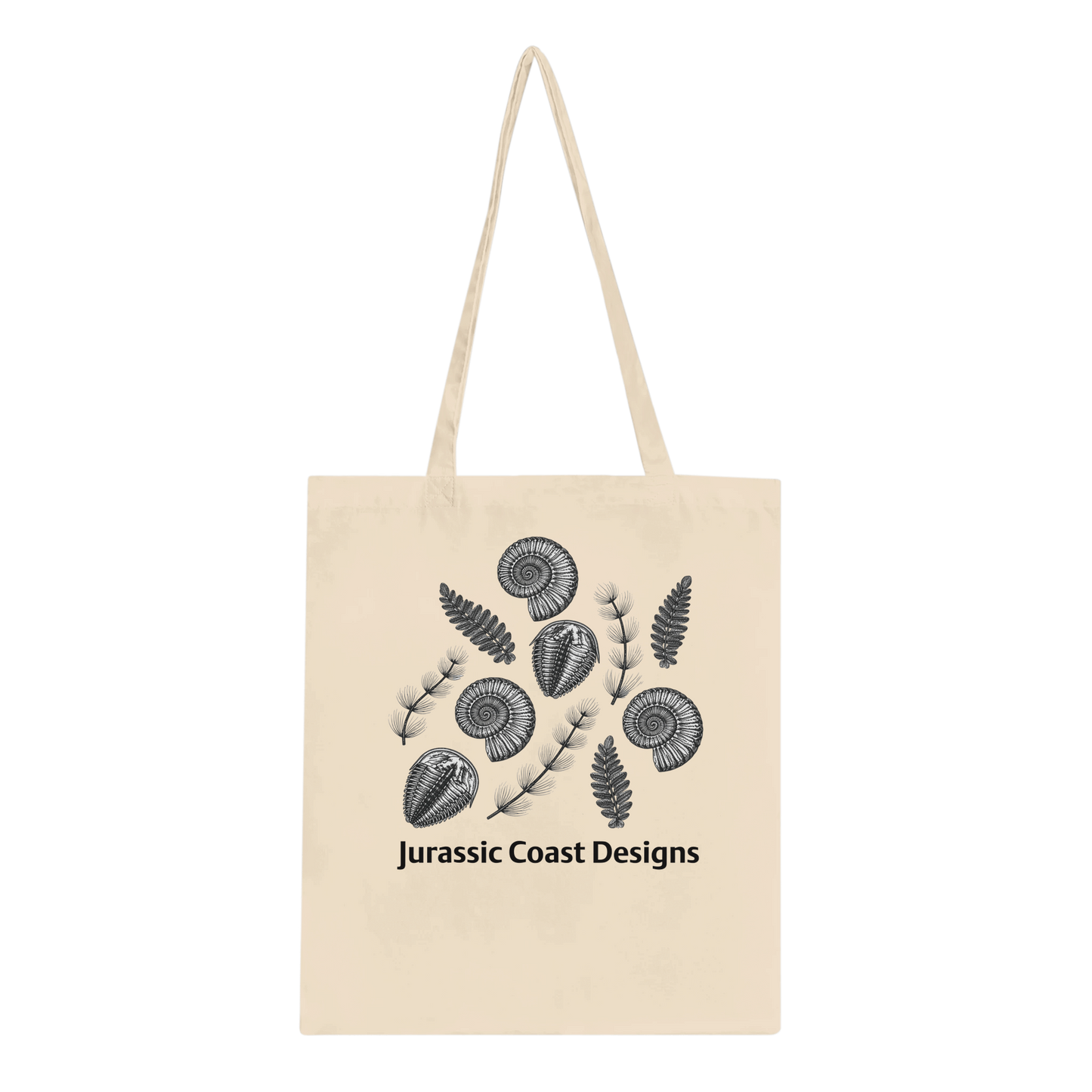 Beige tote bag with black leaf design and 'Jurassic Coast Designs' text on a white background