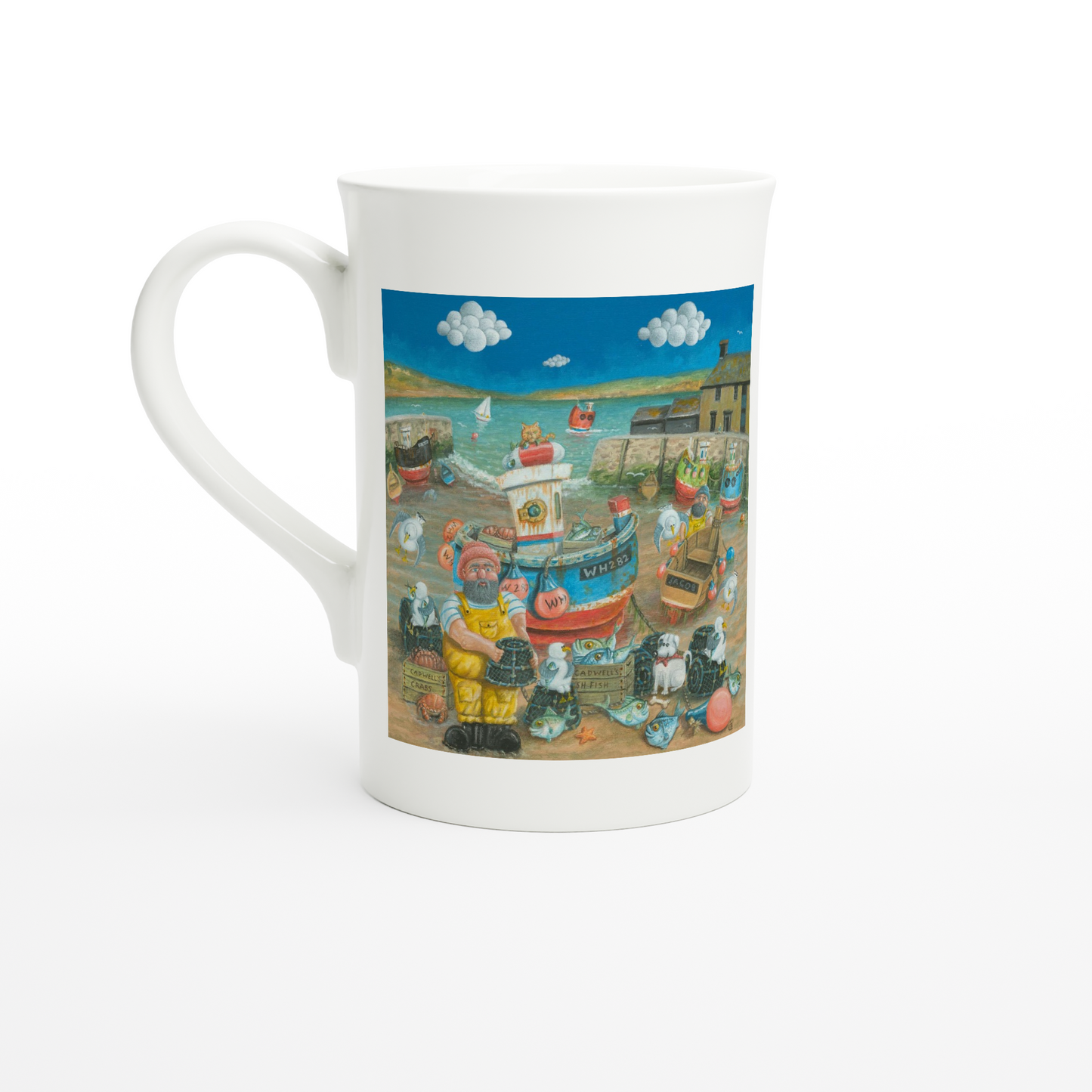 White mug with a colorful design of a boat and people on a white background