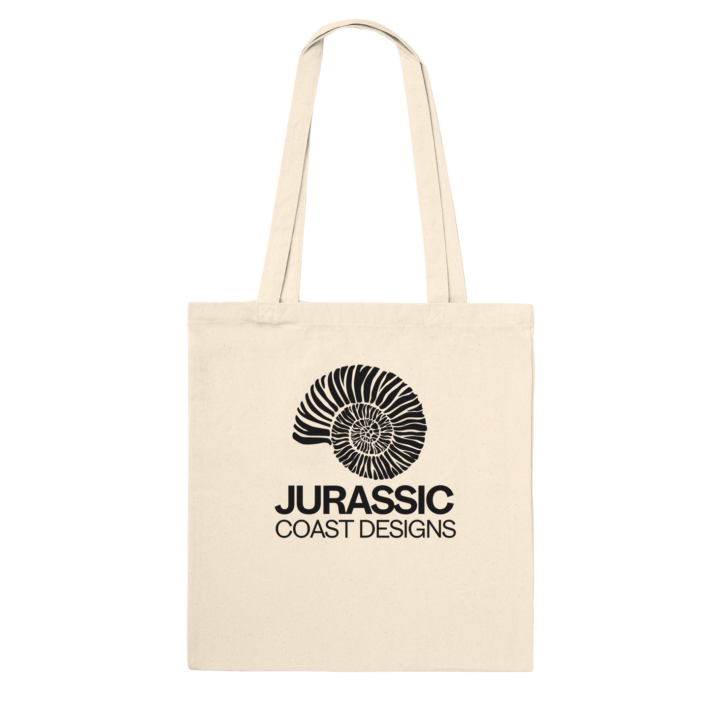 Beige tote bag with black 'Jurassic Coast Designs' logo on a white background