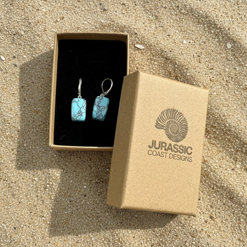 Turquoise earrings in a 'Jurassic Coast Designs' box on a light gray background