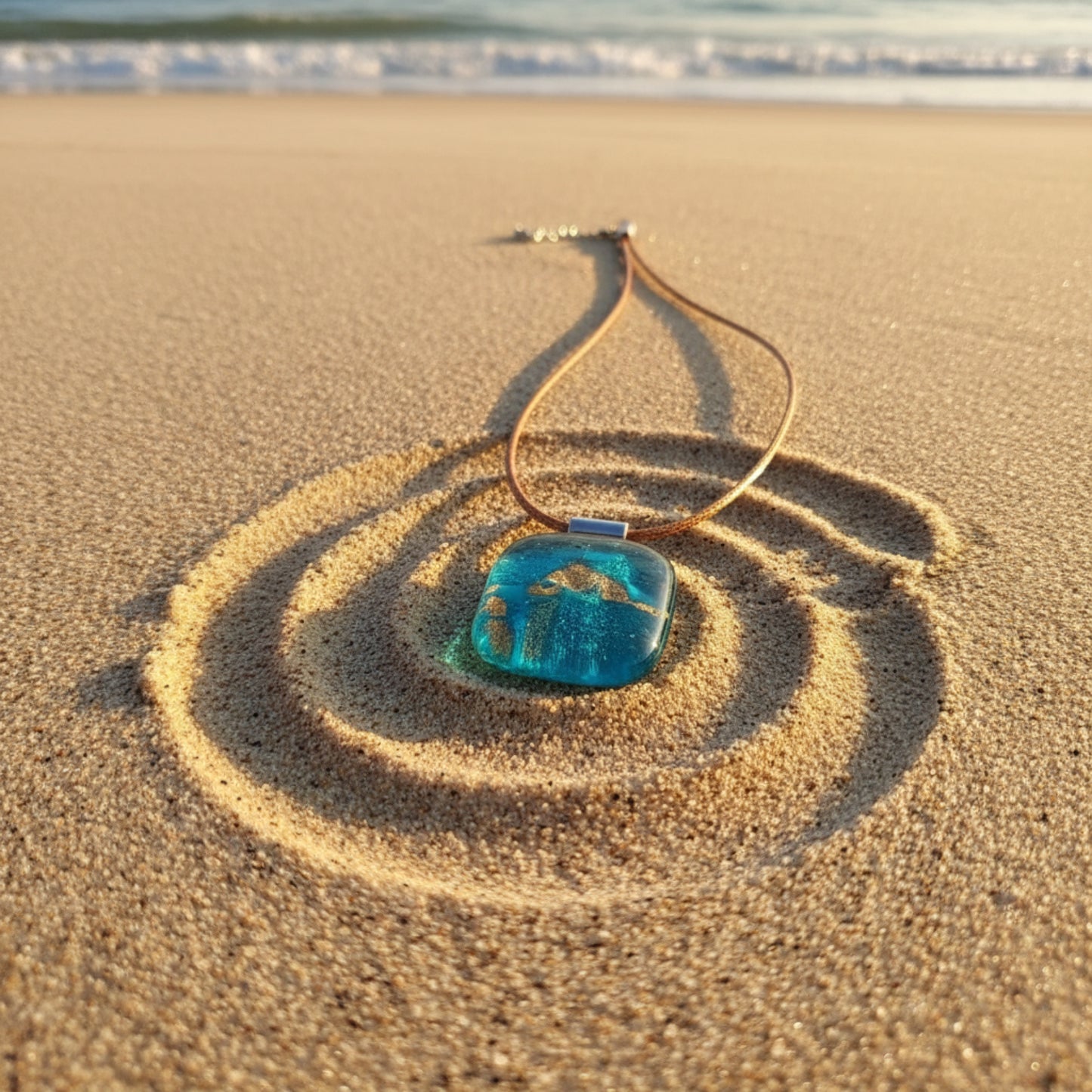 Blue pendant on a necklace lying on sand with water in the background
