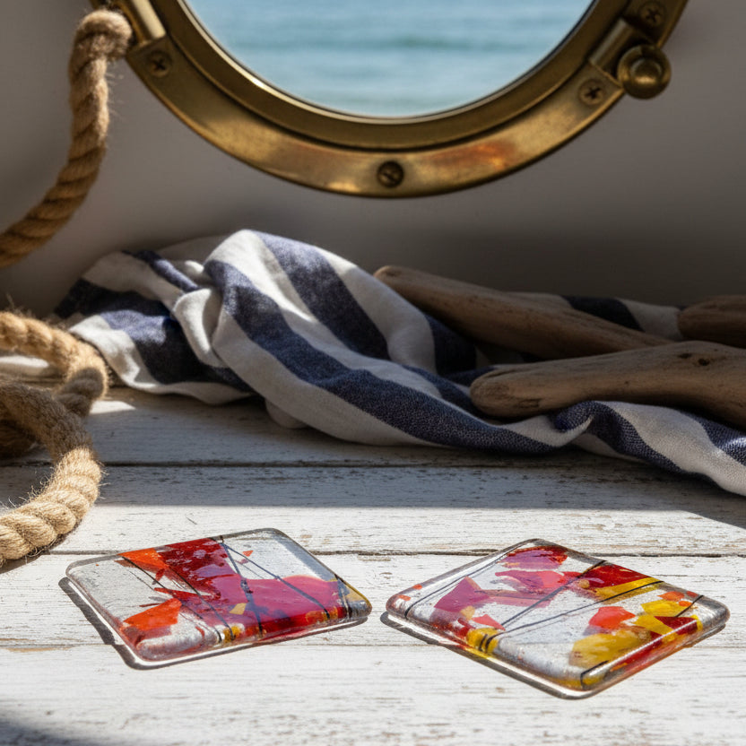 Two square glass pieces with red and yellow abstract designs on a gray fabric background