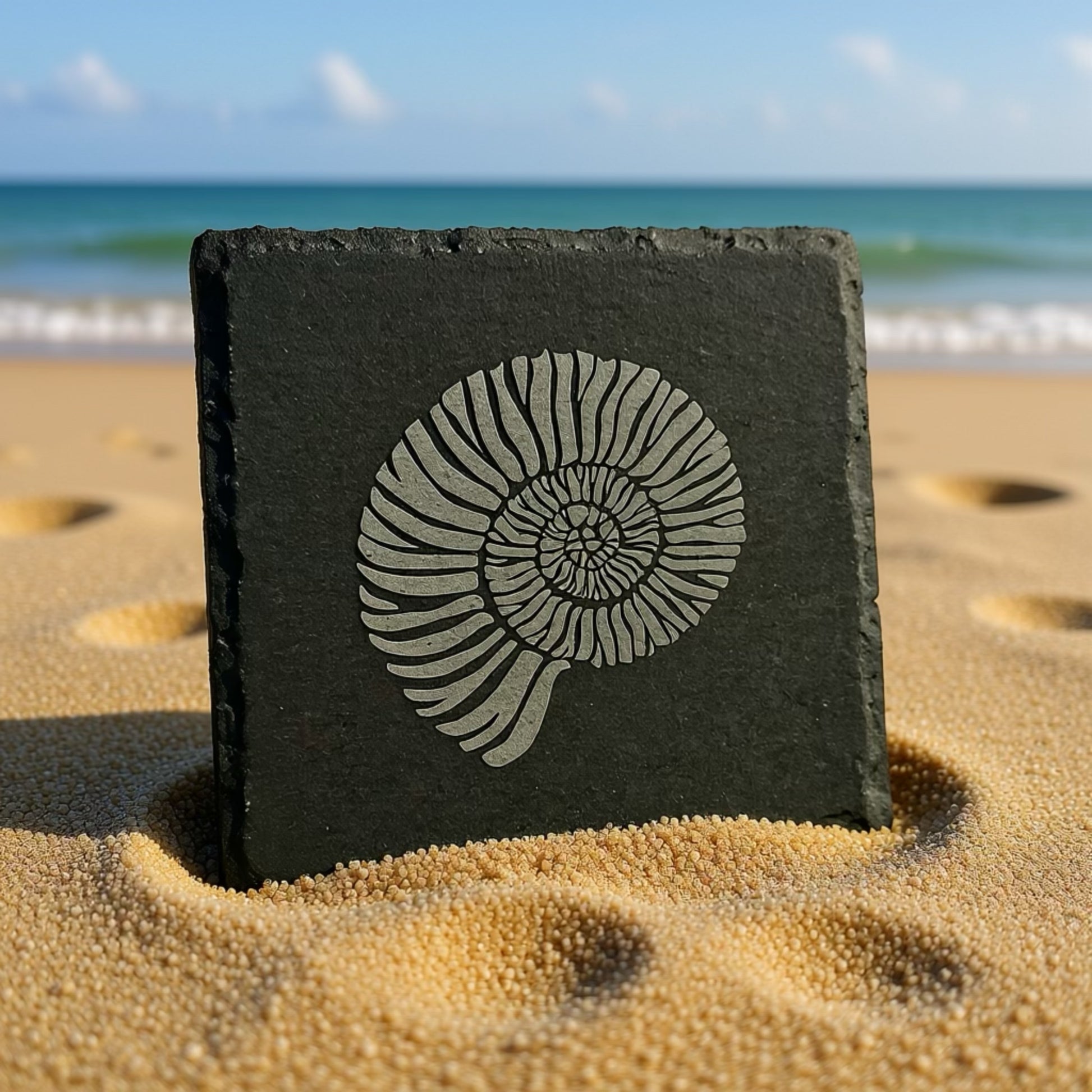 Black slate tile with a white shell design on a sandy beach