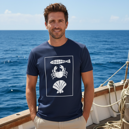 Navy blue t-shirt with white sea-themed graphic on a white background