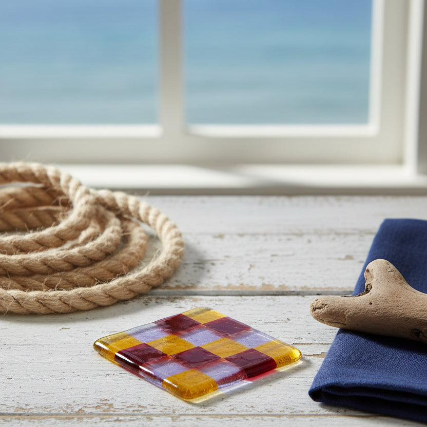 Colorful checkered square on a gray fabric background