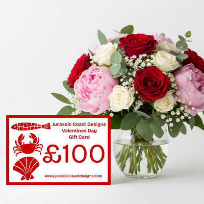 Valentine's Day gift card with red graphics and text on a white background