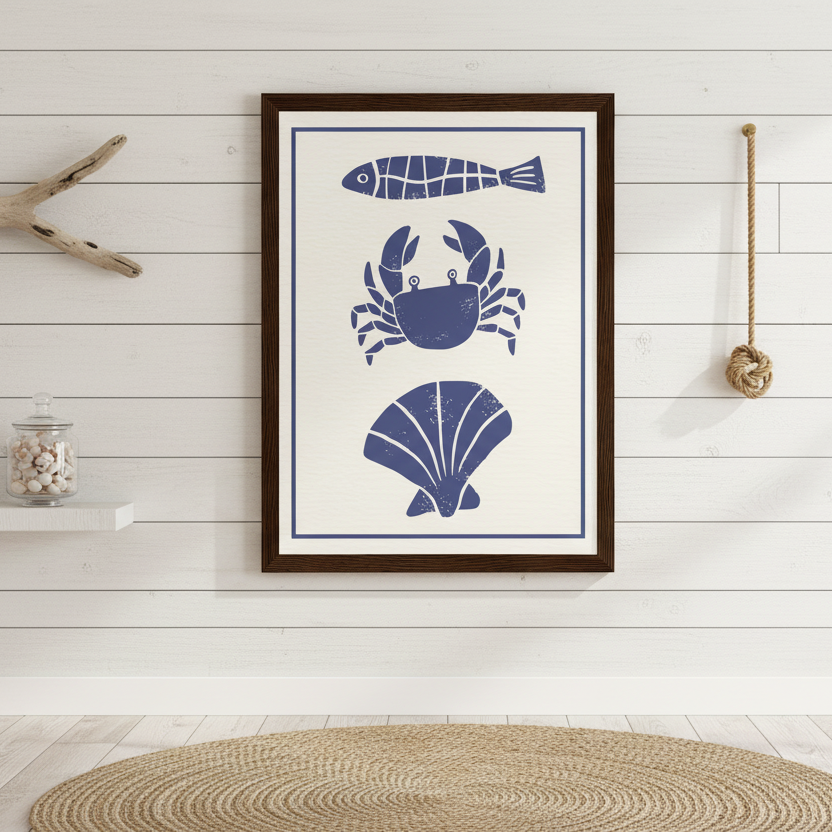 Framed artwork with blue sea-themed illustrations on a white background