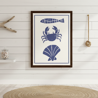 Framed artwork with blue sea-themed illustrations on a white background