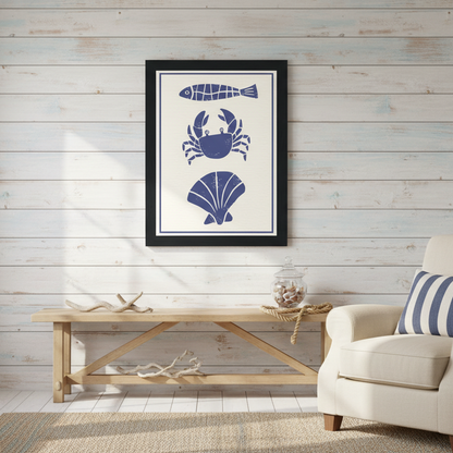 Framed artwork with blue sea-themed illustrations on a white background