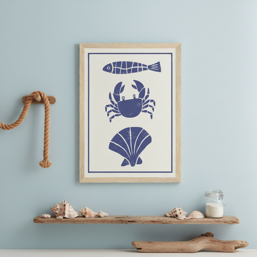 Framed artwork with blue crab, fish, and shell illustrations on a white background