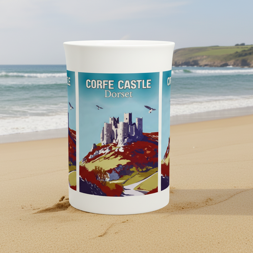 Candle with a design of Corfe Castle, Dorset on a white background