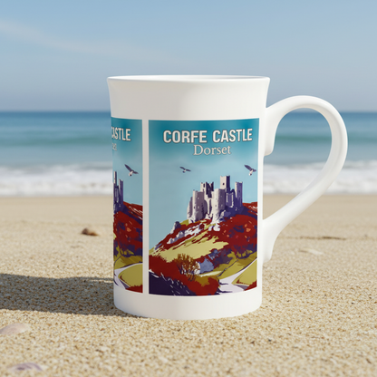 Mug with Corfe Castle, Dorset design on a white background