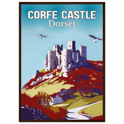 Poster of Corfe Castle, Dorset with a castle on a hill and birds flying.