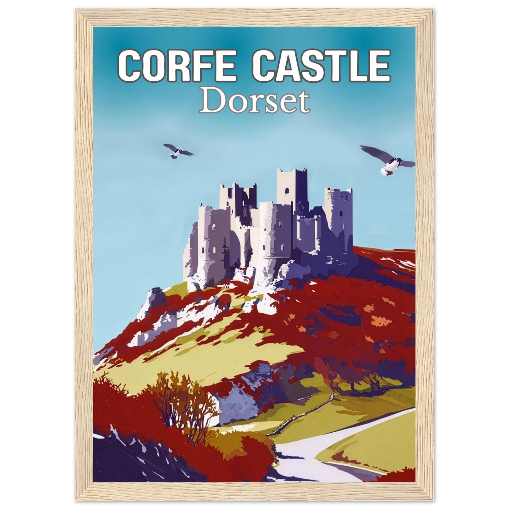 Poster of Corfe Castle, Dorset with a colorful landscape and wooden frame.