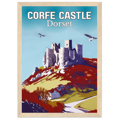 Poster of Corfe Castle, Dorset with a colorful landscape and wooden frame.