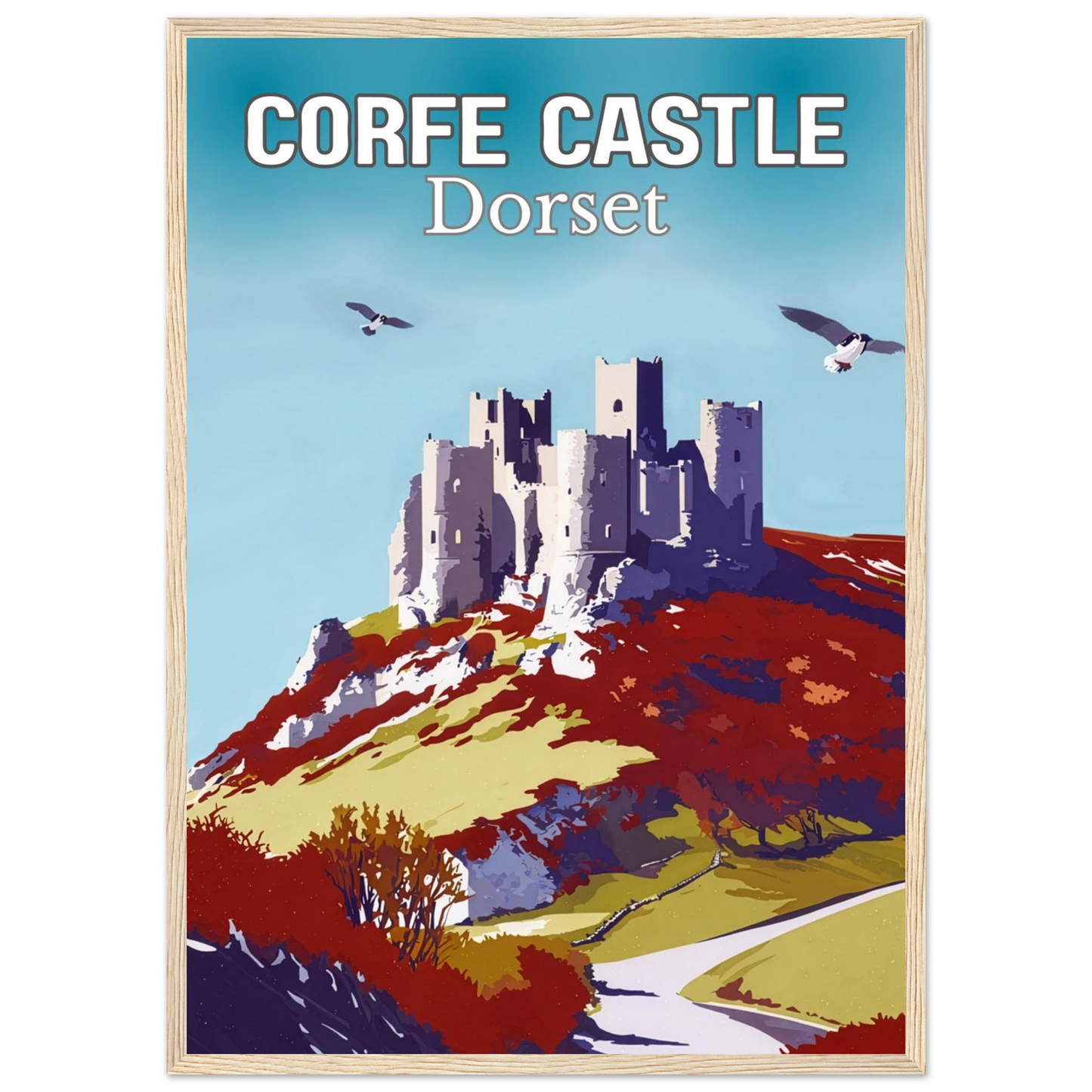 Poster of Corfe Castle, Dorset with a colorful landscape and text.