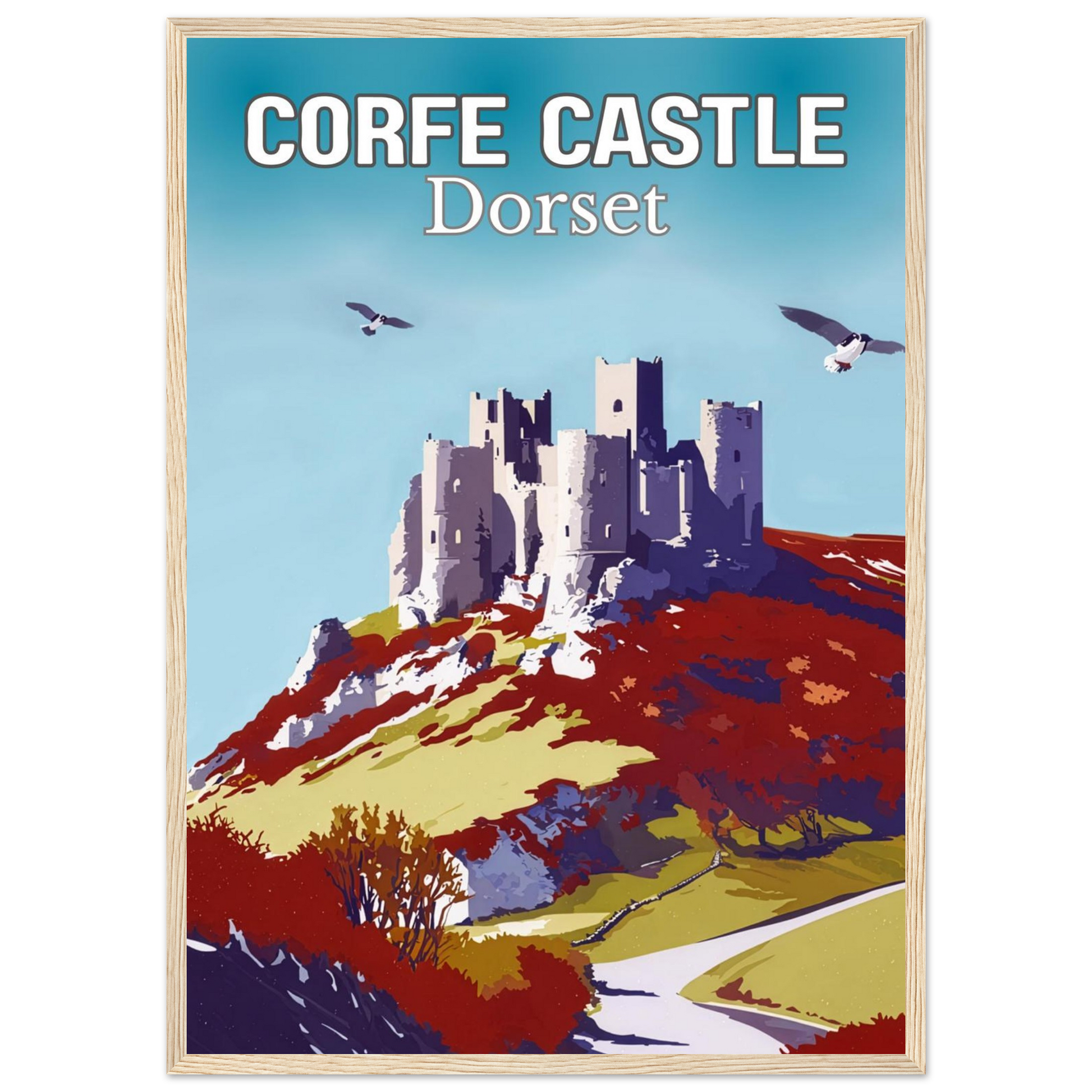 Poster of Corfe Castle, Dorset with a colorful landscape and text.
