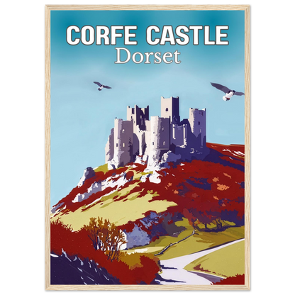 Poster of Corfe Castle, Dorset with a colorful landscape and text.