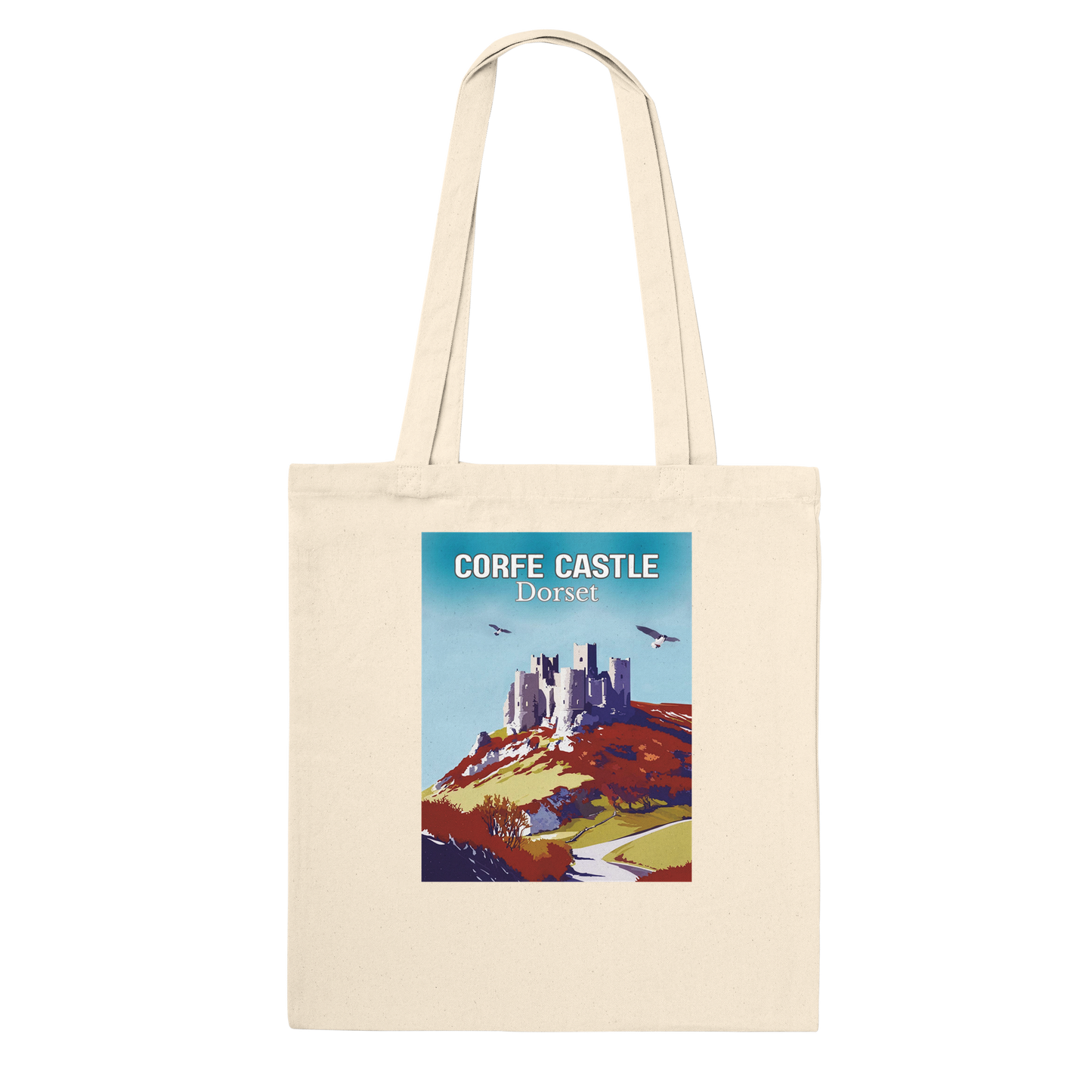 Beige tote bag with Corfe Castle, Dorset design on a white background