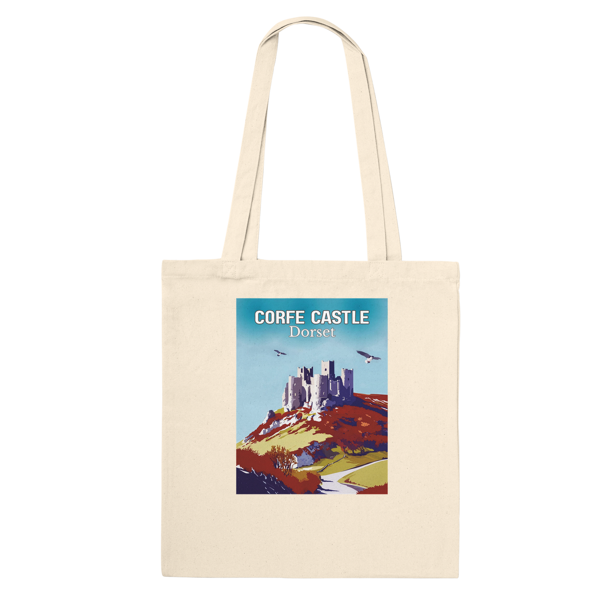 Beige tote bag with Corfe Castle, Dorset design on a white background
