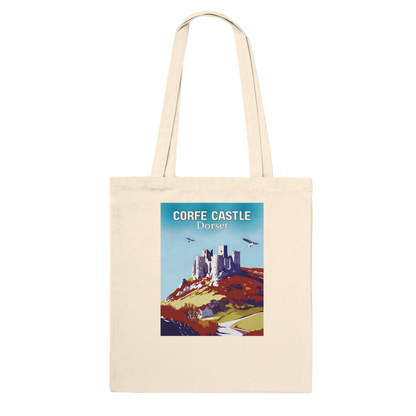 Beige tote bag with Corfe Castle, Dorset design on a white background