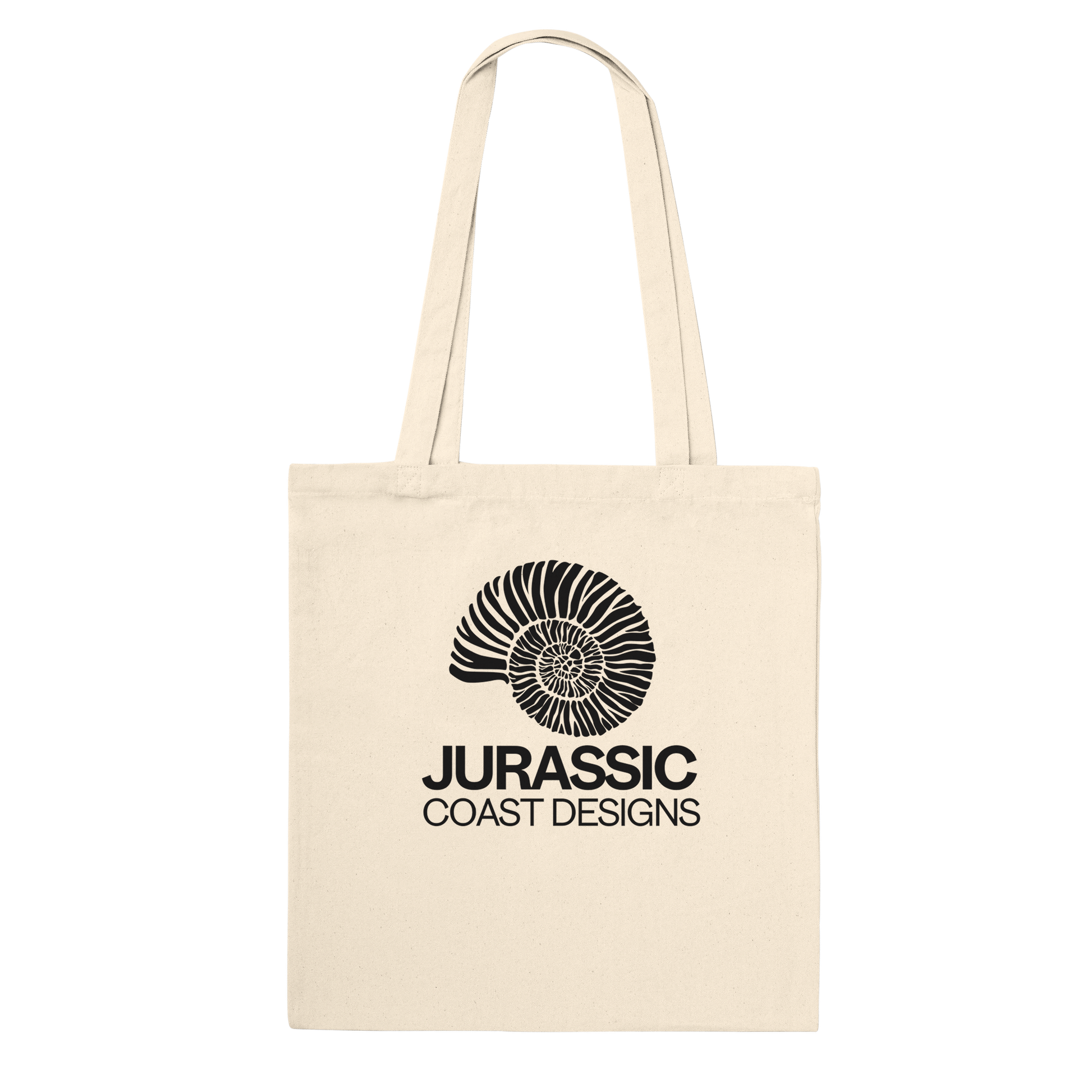 Beige tote bag with black 'Jurassic Coast Designs' logo on a white background