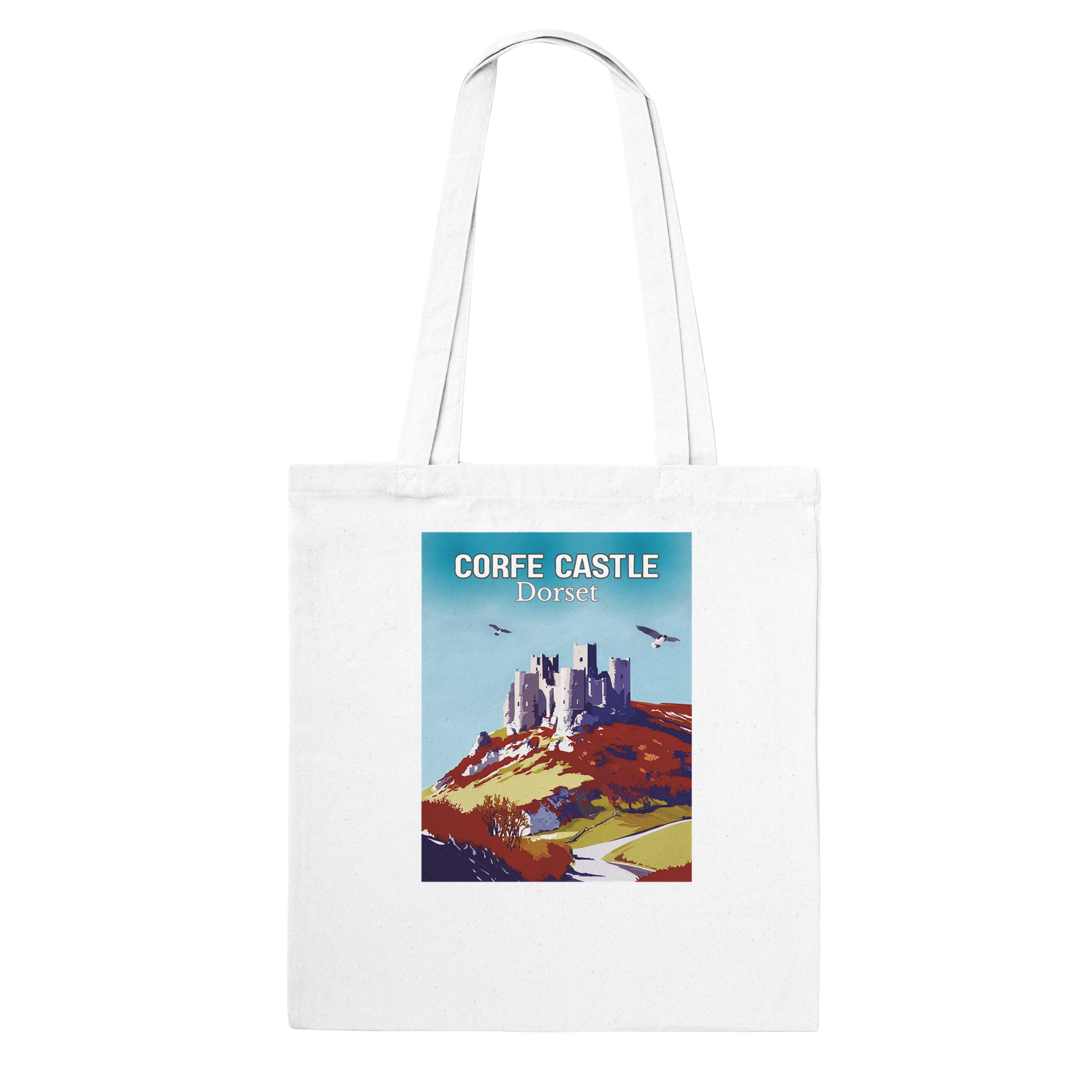 White tote bag with Corfe Castle, Dorset design on a white background