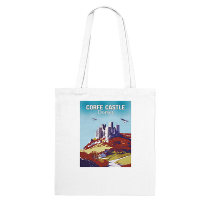 White tote bag with Corfe Castle, Dorset design on a white background