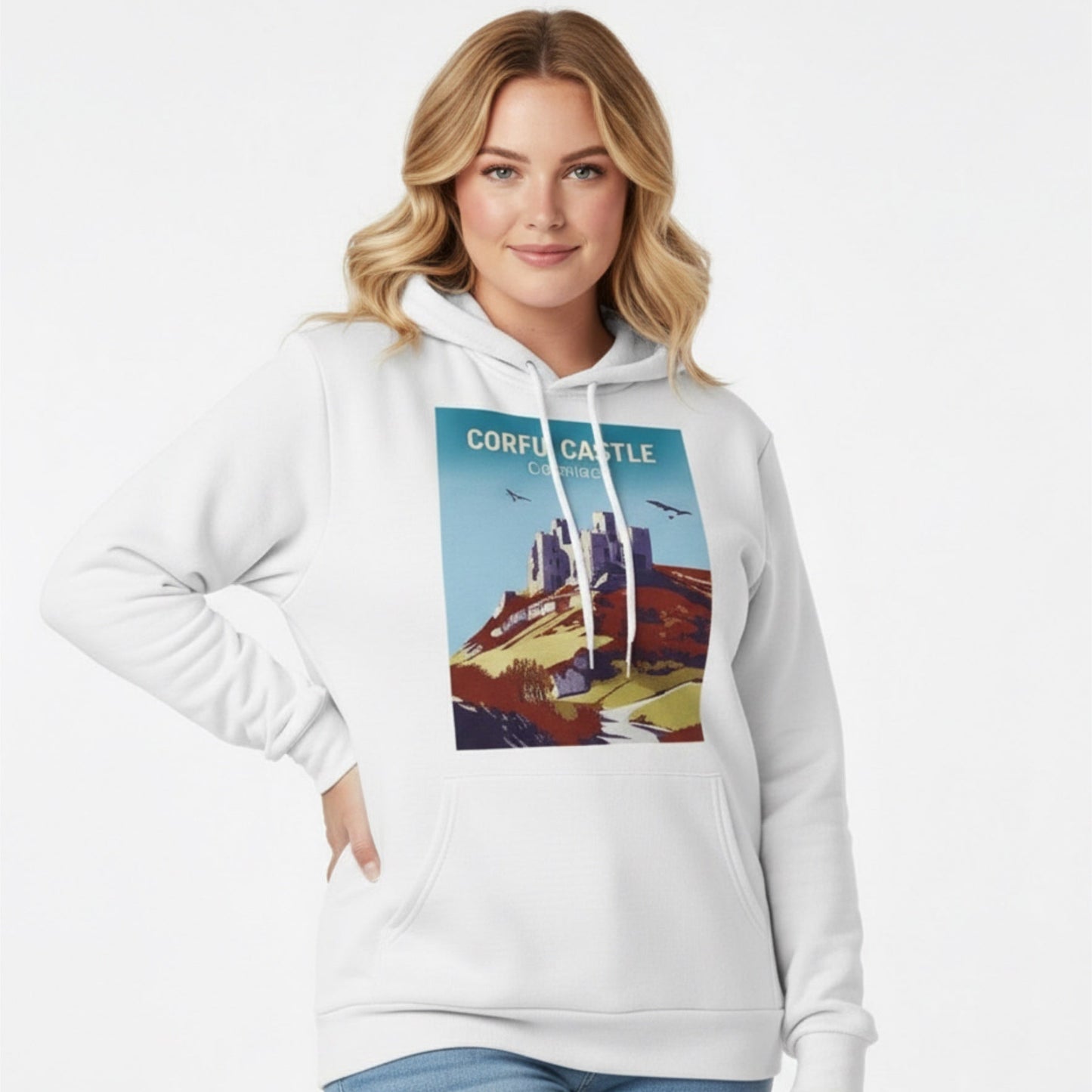 Woman wearing a white hoodie with a graphic Corfe Castle design on a plain background