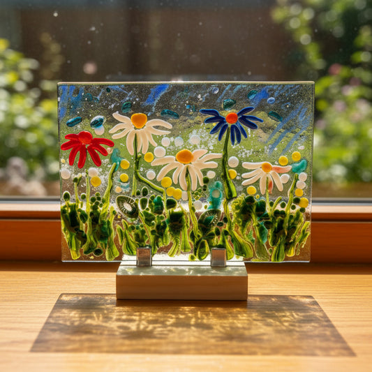 Decorative glass panel with floral design on a stand