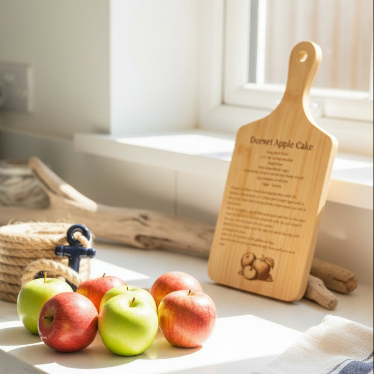 Wooden cutting board with Dorset Apple Cake recipe 