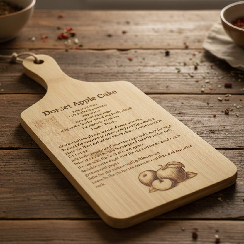 Wooden cutting board with Dorset Apple Cake recipesurface