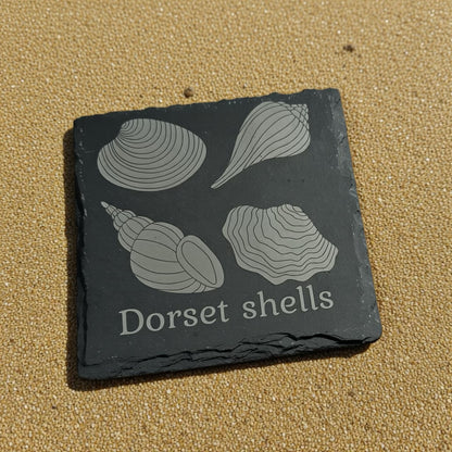 Slate coaster with engraved shell designs and 'Dorset shells' text on a sandy background