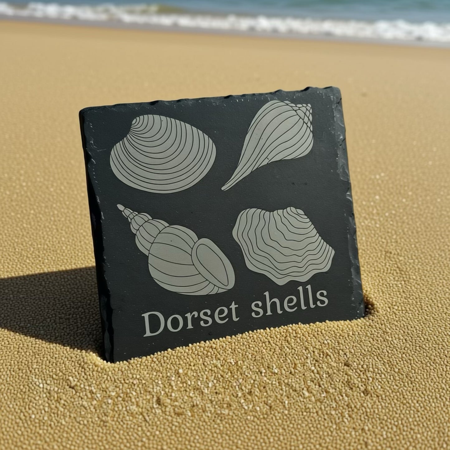 Slate coaster with shell designs and 'Dorset shells' text on a sandy beach.