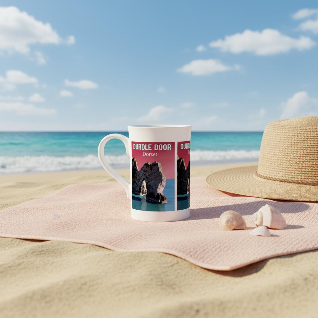 Mug with Durdle Door design on a beach with a hat and shells