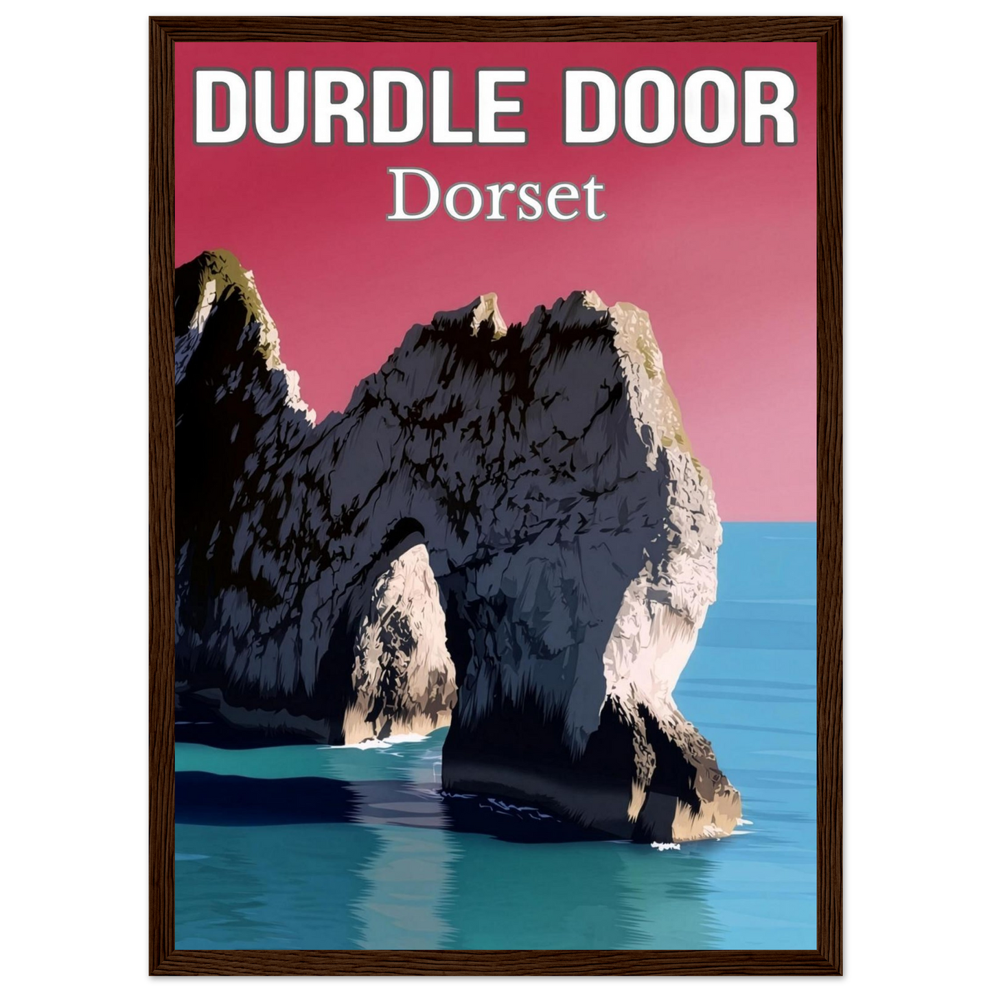 Poster of Durdle Door, Dorset with a red background and wooden frame.