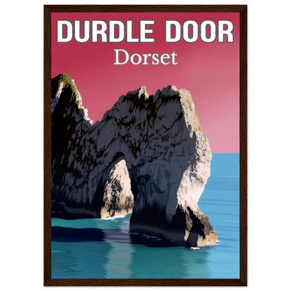 Poster of Durdle Door, Dorset with a red background and wooden frame.