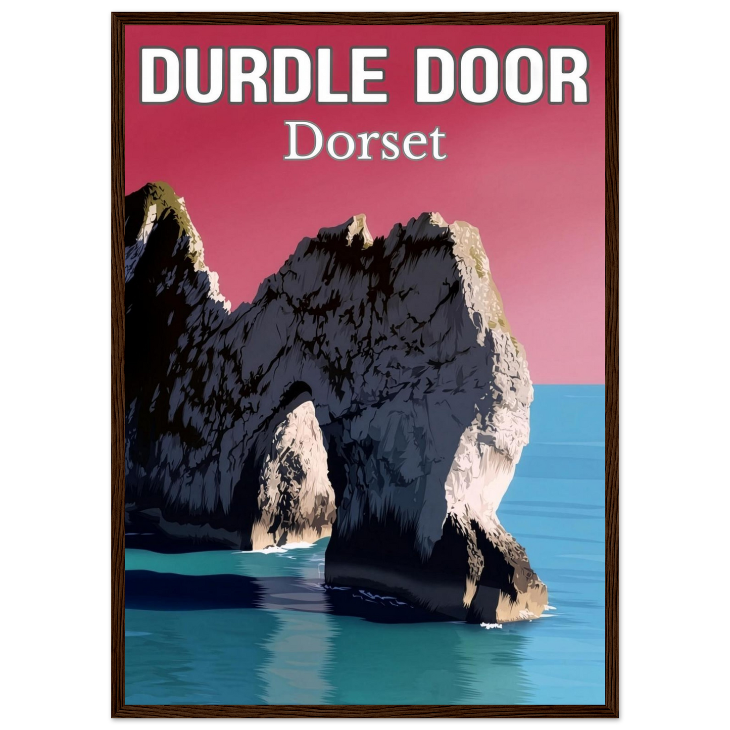 Poster of Durdle Door, Dorset with a red background and brown frame.
