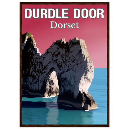 Poster of Durdle Door, Dorset with a red background and brown frame.