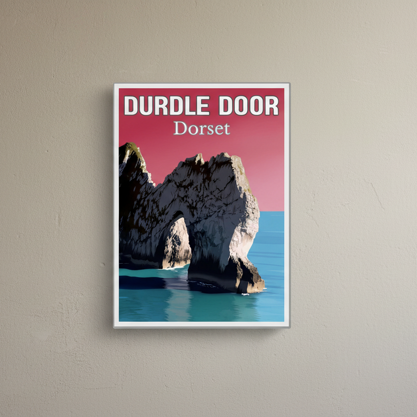 Poster of Durdle Door in Dorset with a red background