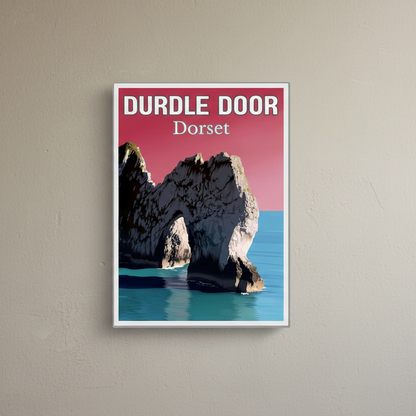 Poster of Durdle Door in Dorset with a red background