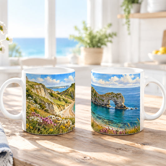 Two white ceramic mugs printed with scenic coastal landscapes.