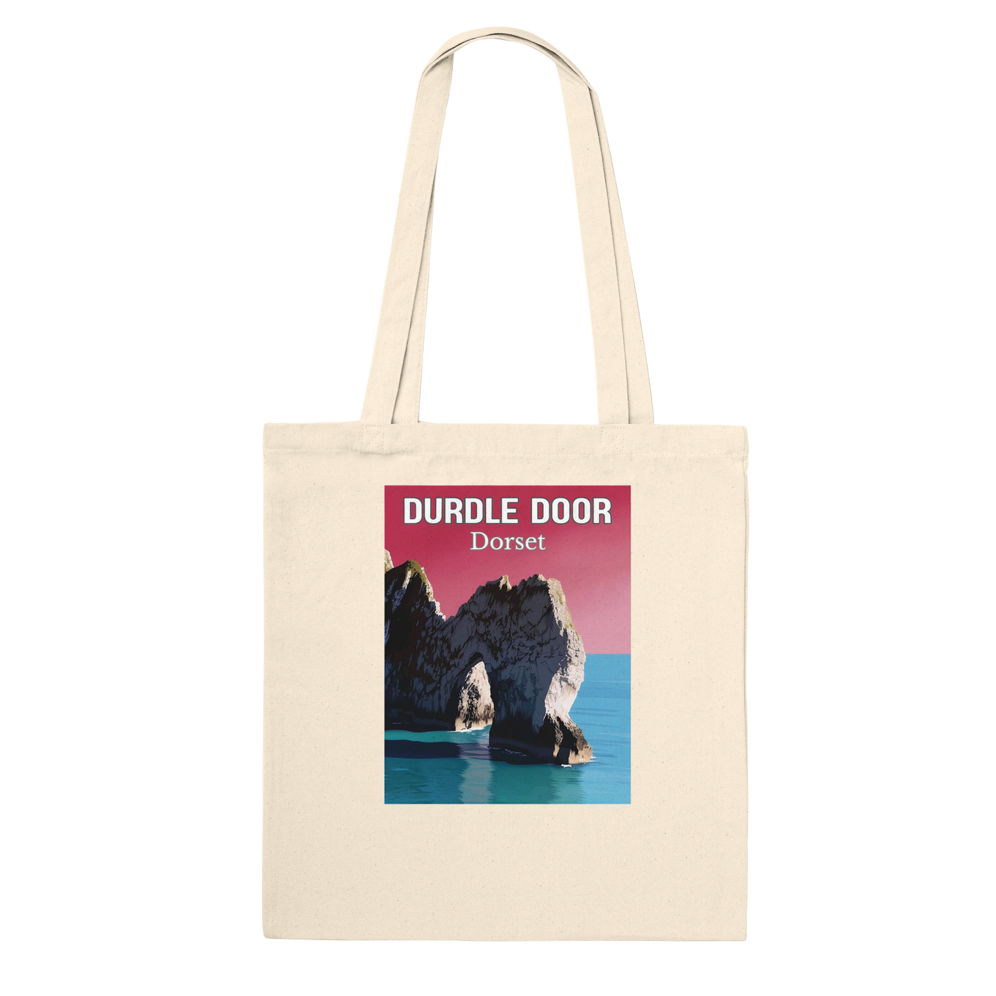 Beige tote bag with Durdle Door, Dorset design on a white background