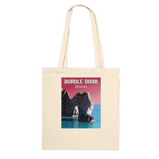 Beige tote bag with Durdle Door, Dorset design on a white background