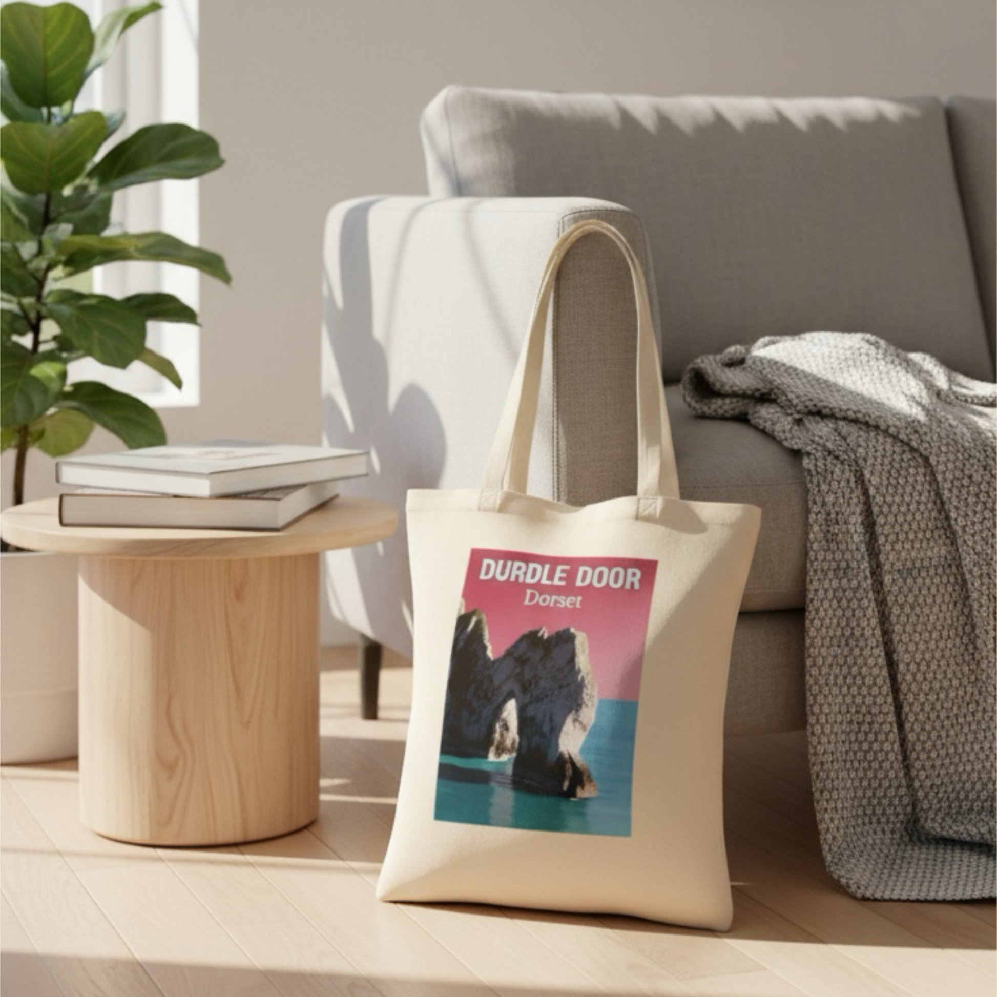 Tote bag with a design on a wooden table in a living room setting