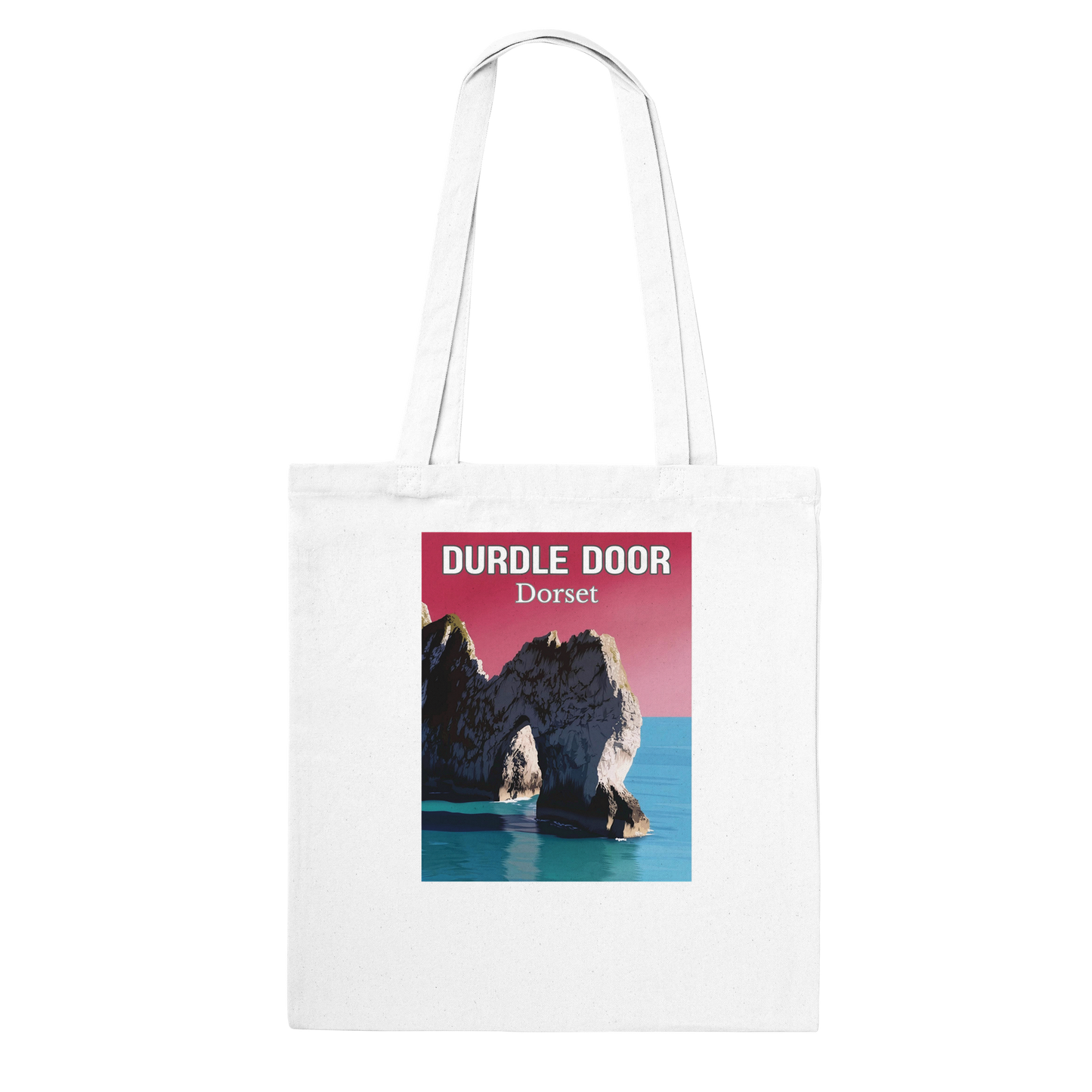 White tote bag with Durdle Door, Dorset design on a white background