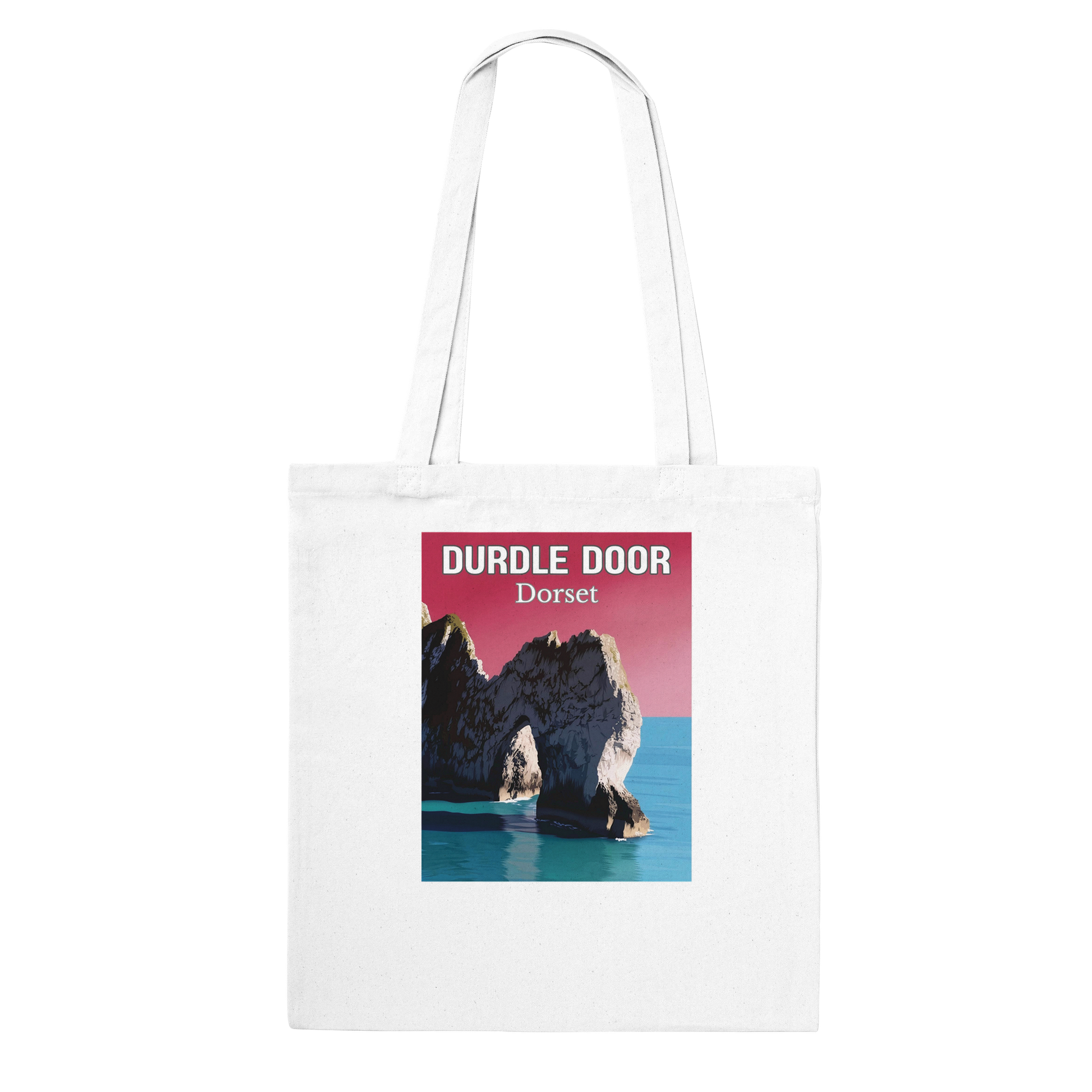 White tote bag with Durdle Door, Dorset design on a white background