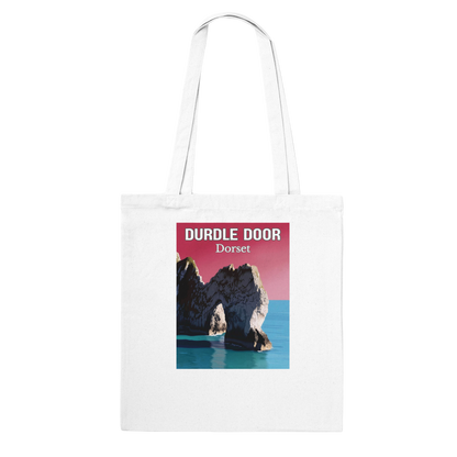 White tote bag with Durdle Door, Dorset design on a white background