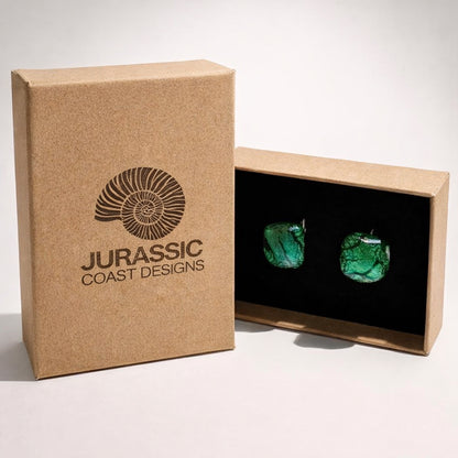 Brown box with 'Jurassic Coast Designs' logo containing green cufflinks.