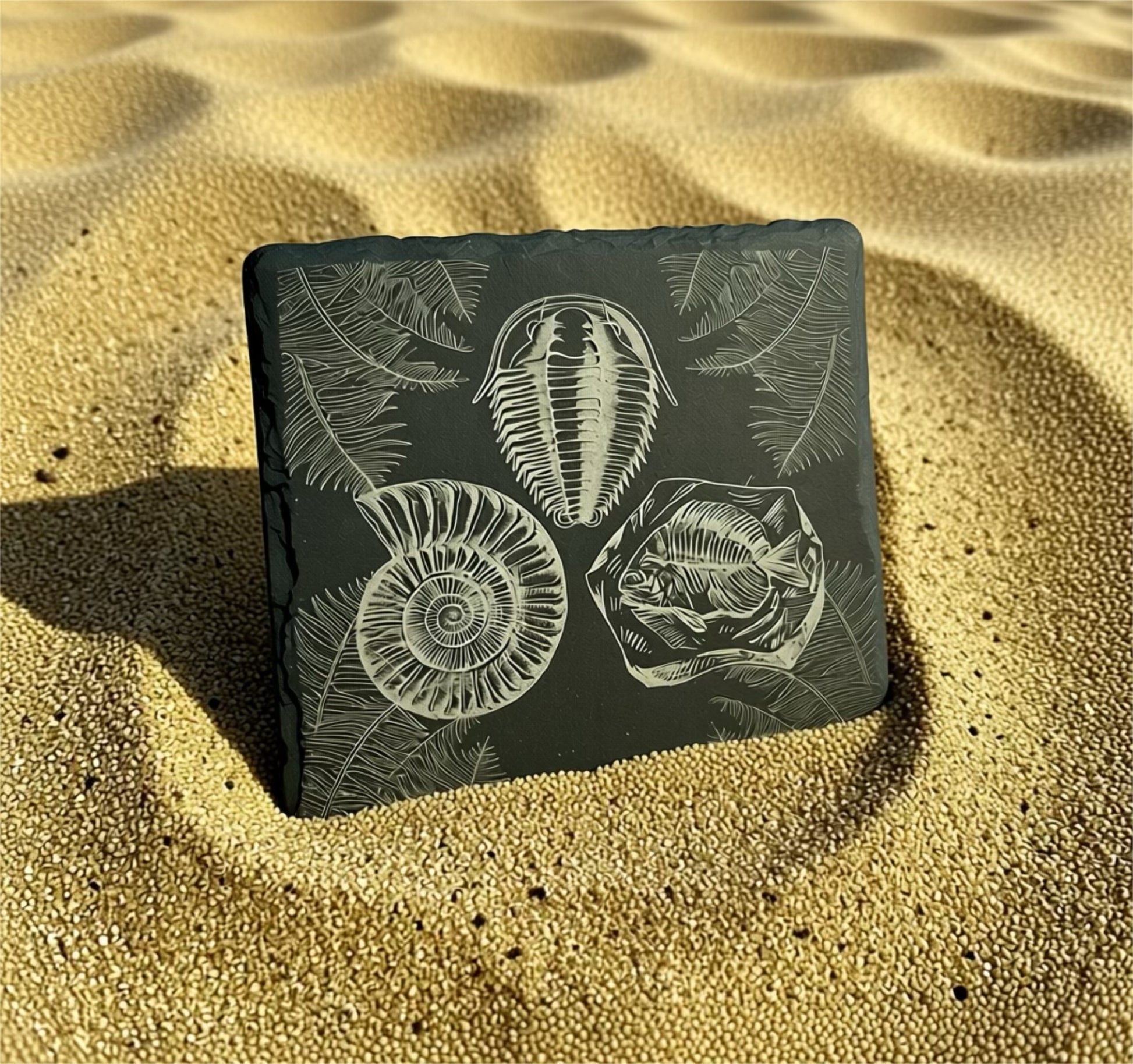 Decorative stone with fossil design on a sandy background